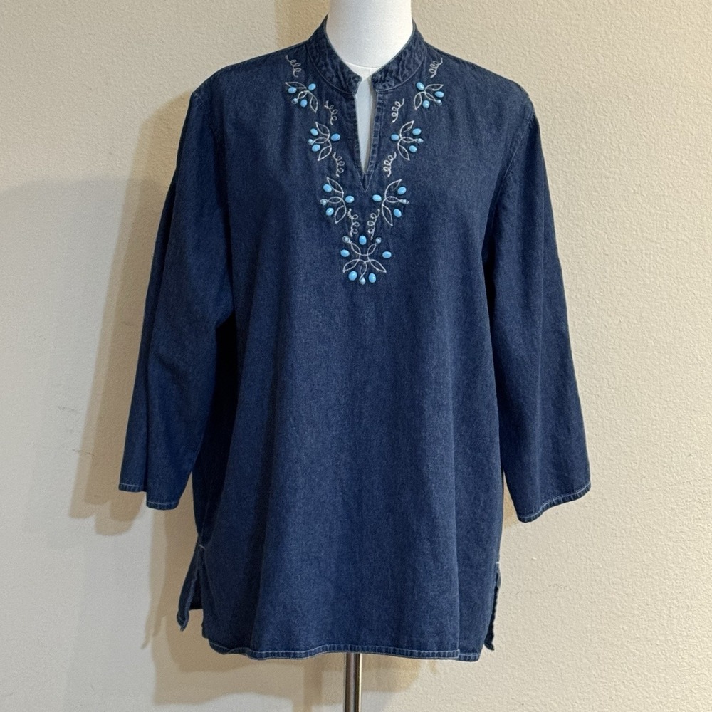 Original Anthony 1X Denim Tunic Top Embroidered Turquoise Western Boho